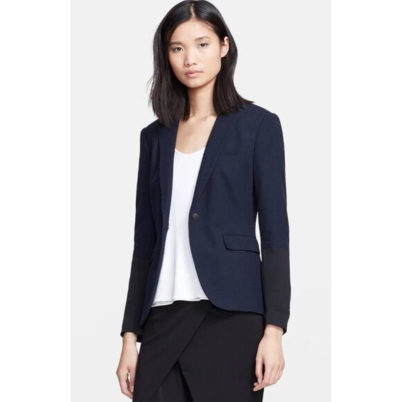 Rag & Bone Women's Navy Blue Black Cotton Trim One Button Blazer Jacket Size 2 - Picture 6 of 7